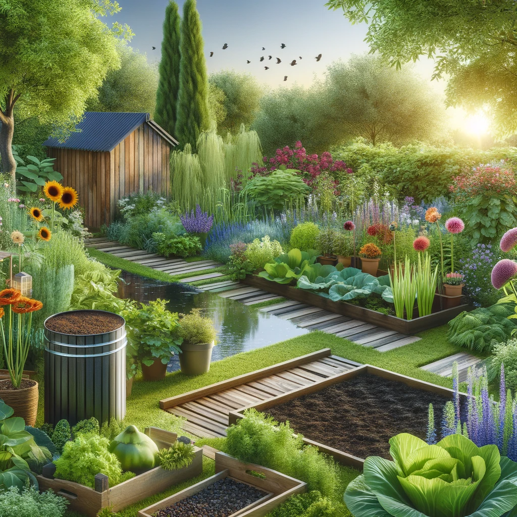 A serene and sustainable garden illustrating eco-friendly gardening practices, with diverse flowering plants, vegetables, a natural pond, and a wooden compost bin. Features include bird feeders and a bee-friendly environment, promoting biodiversity and sustainable gardening.