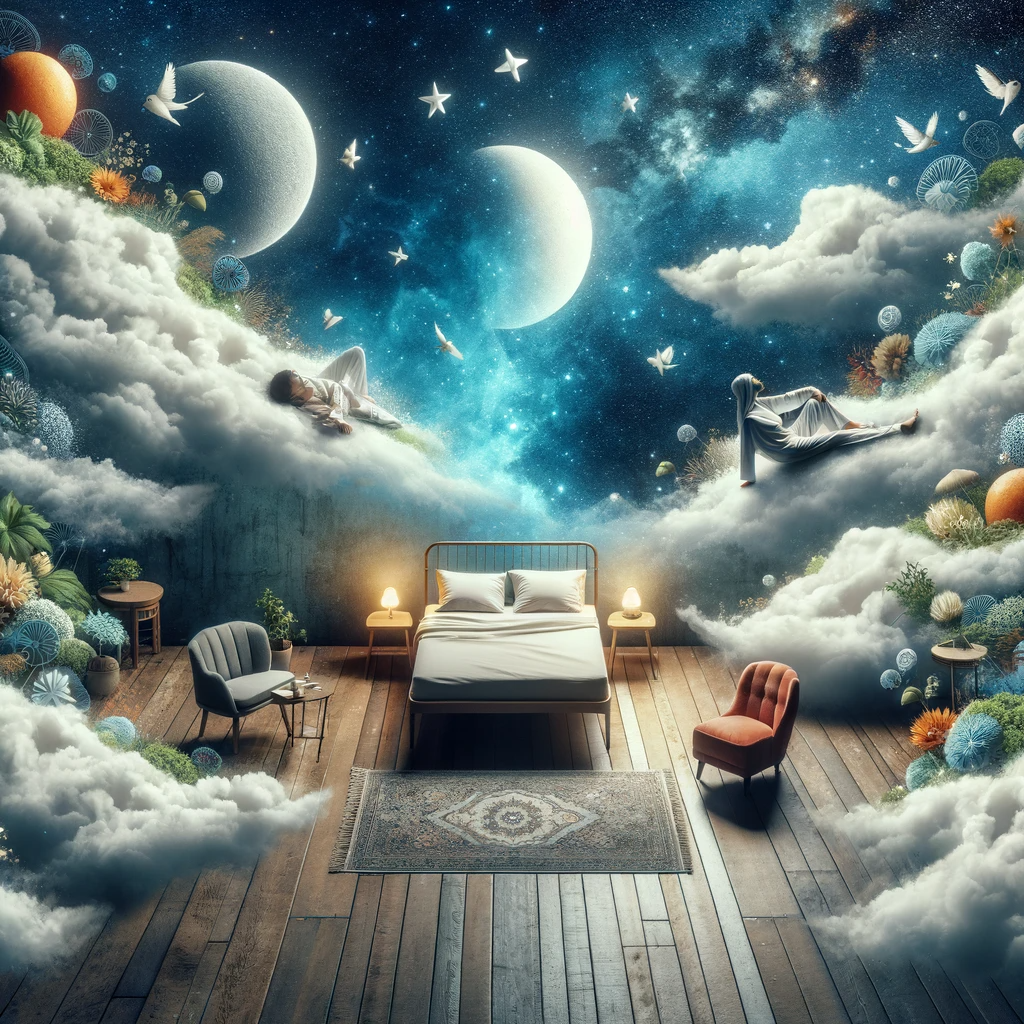 A surreal depiction of peaceful sleep, showcasing a bed floating on clouds under a starry sky, symbolizing tranquility and the rejuvenating power of restful sleep. The scene blends elements of dreams with reality, artfully capturing the essence of quality sleep surrounded by the gentle embrace of nature