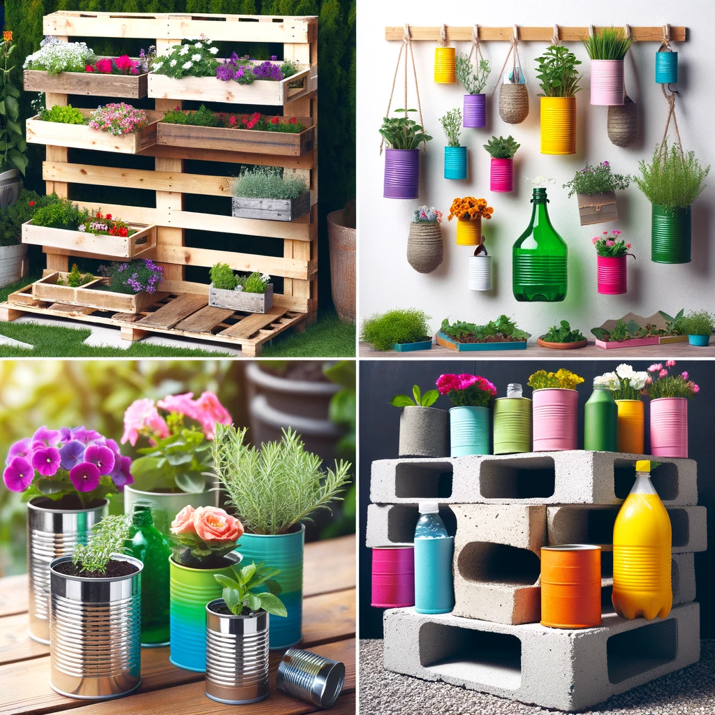 Collage of four eco-friendly DIY planter ideas: Top left, a wooden pallet repurposed into a tiered garden planter with assorted flowers and herbs. Top right, colorful tin cans and bottles transformed into vibrant hanging planters. Bottom left, upcycled tin cans painted and used as small individual plant pots. Bottom right, painted concrete blocks and a yellow plastic bottle arranged to create modular planters for a backyard setting.